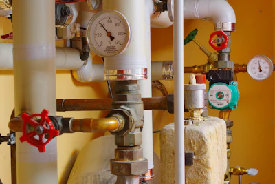 Heating pipework with valves and gauges